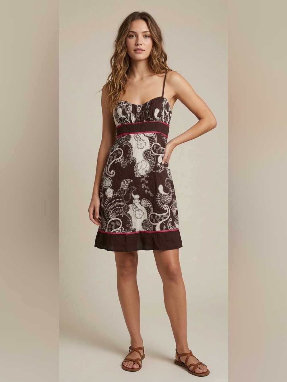 Vintage Y2K SPEECHLESS‎ Brown Pink Paisley Babydoll Dress Boho Casual Groovy